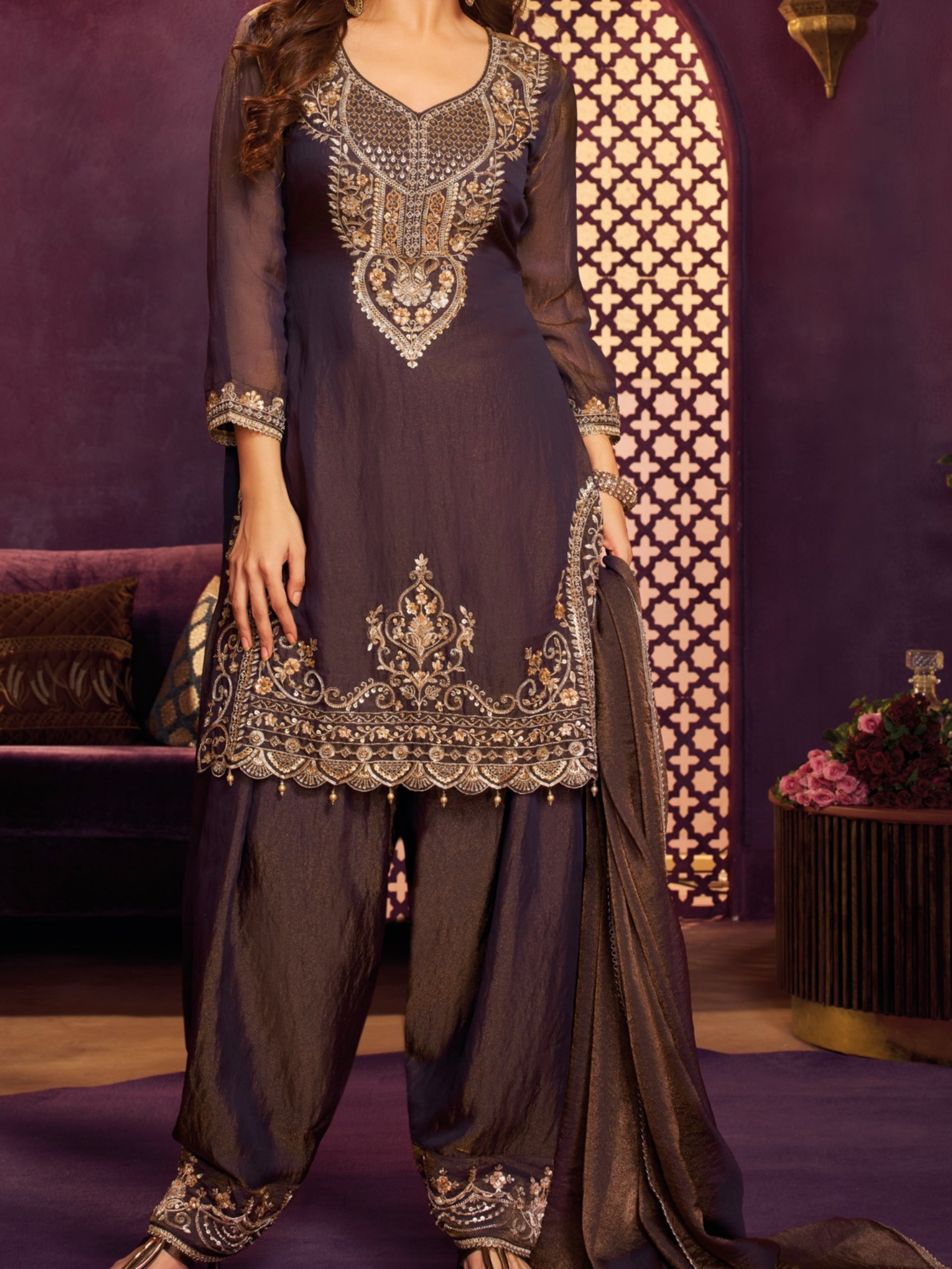 Navy Blue Tissue Suit, Farshi Salwar And Dupatta with Cutdana, Sequins and Zari Work